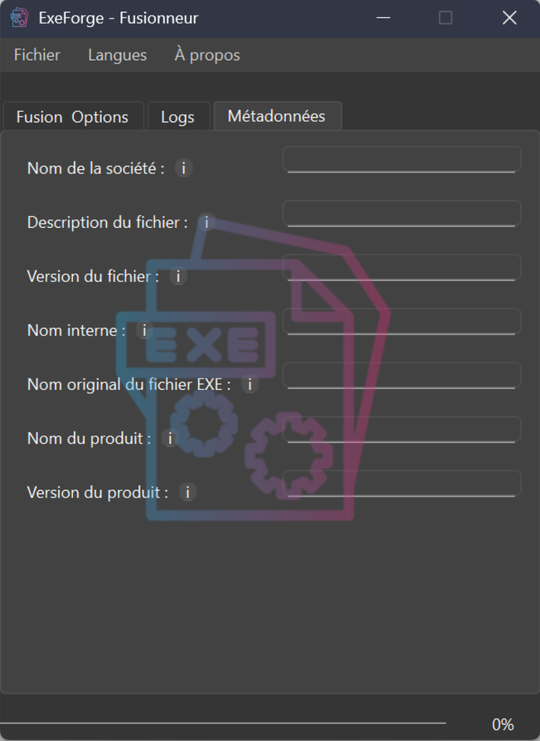 ExeForge - Interface de sélection de fichiers EXE avec options de fusion avancées et configuration des métadonnées